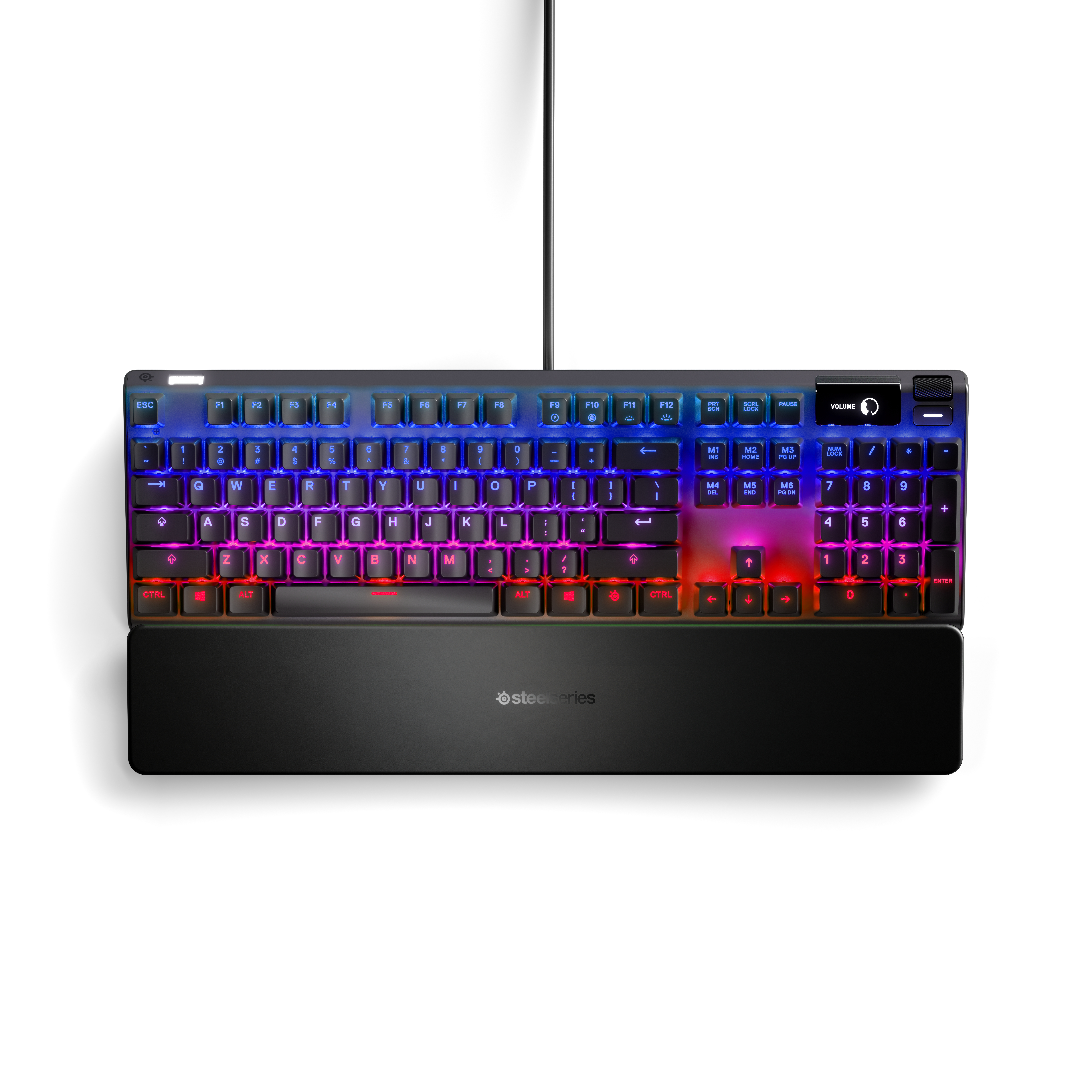 Eine hintergrundbeleuchtete RGB-Mechaniktastatur mit Handballenauflage, verschiedene Tastenfarben.