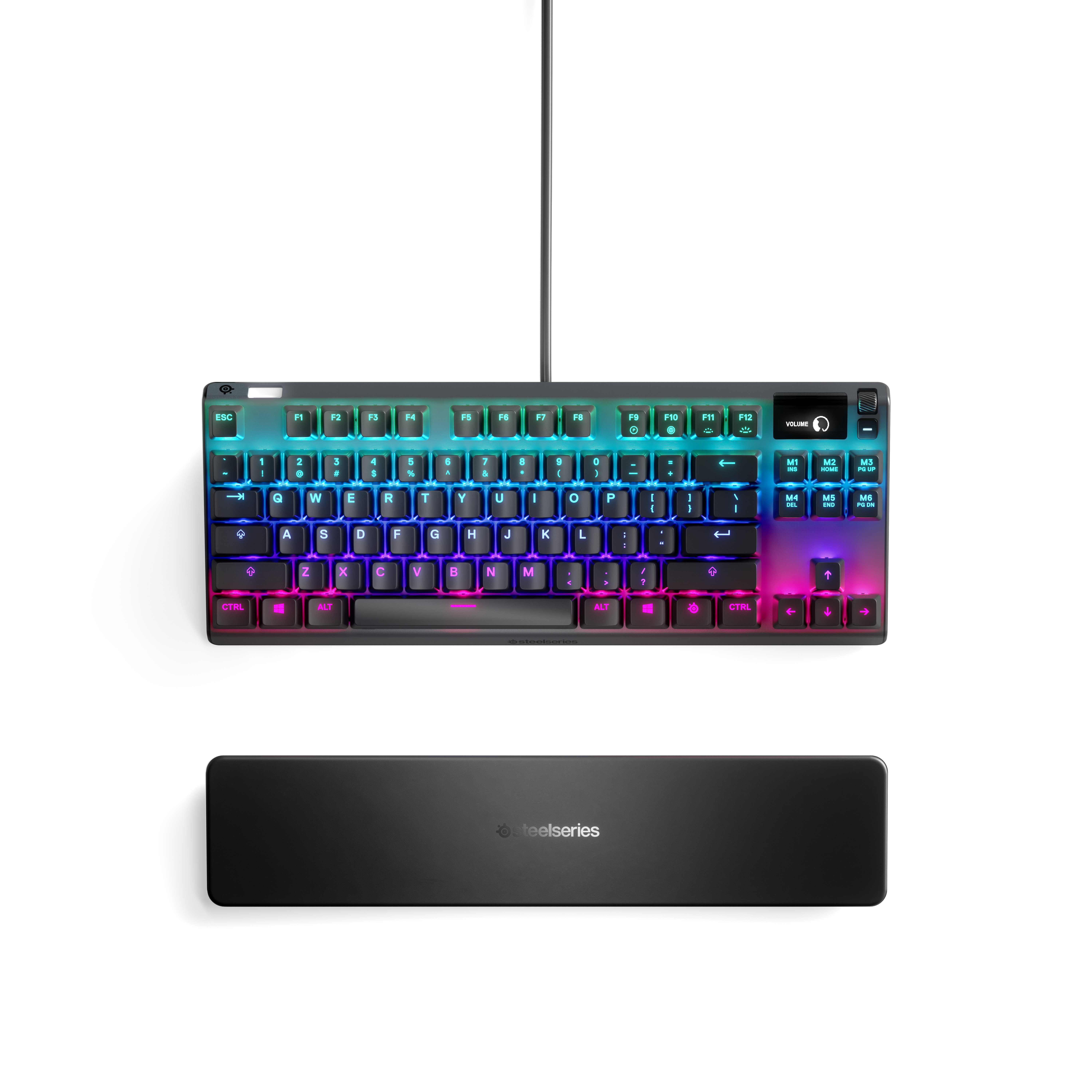 Schwarze Gaming-Tastatur mit bunten, hintergrundbeleuchteten Tasten und einer Handballenauflage auf weißem Hintergrund.