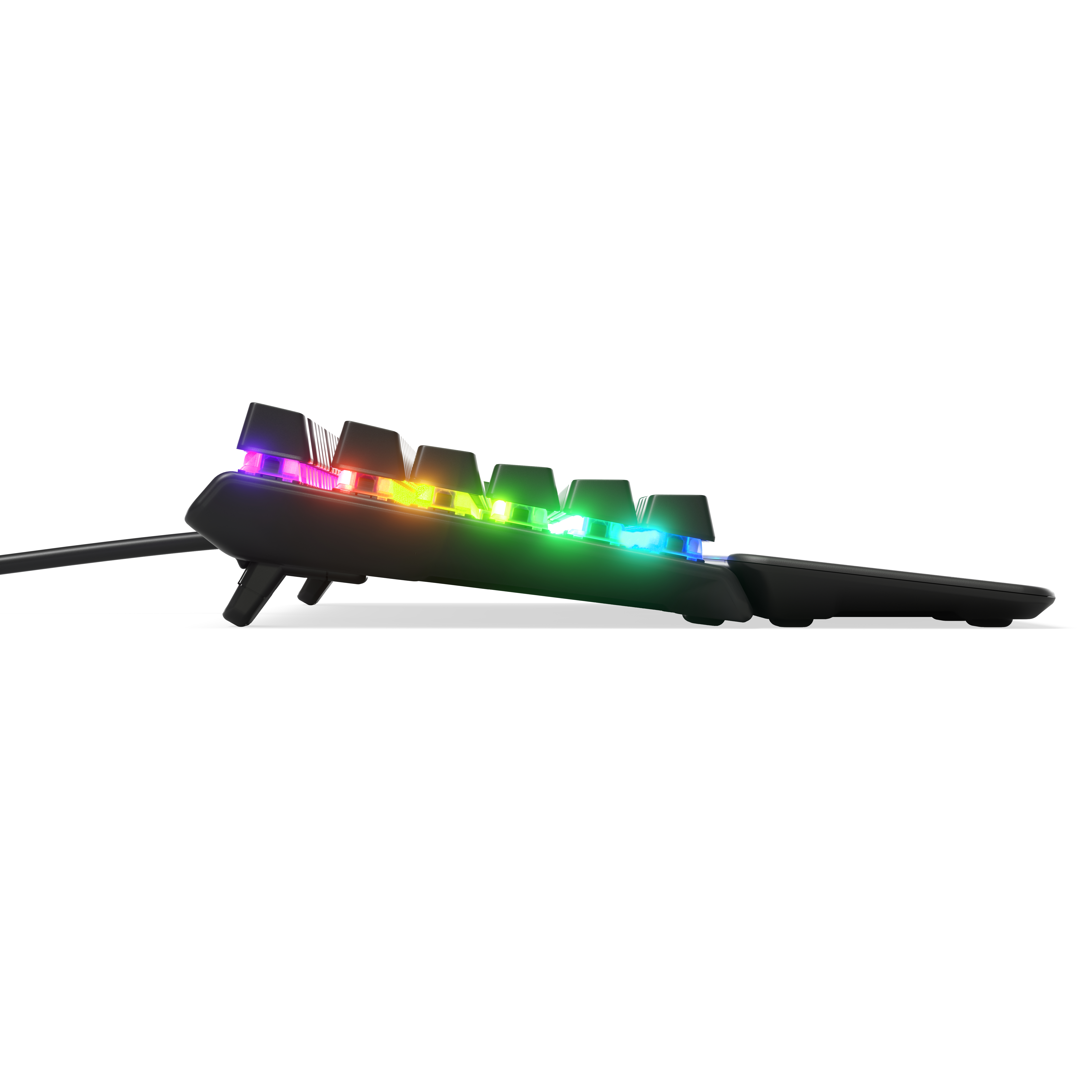 Eine schwarze mechanische Tastatur mit Regenbogenbeleuchtung.