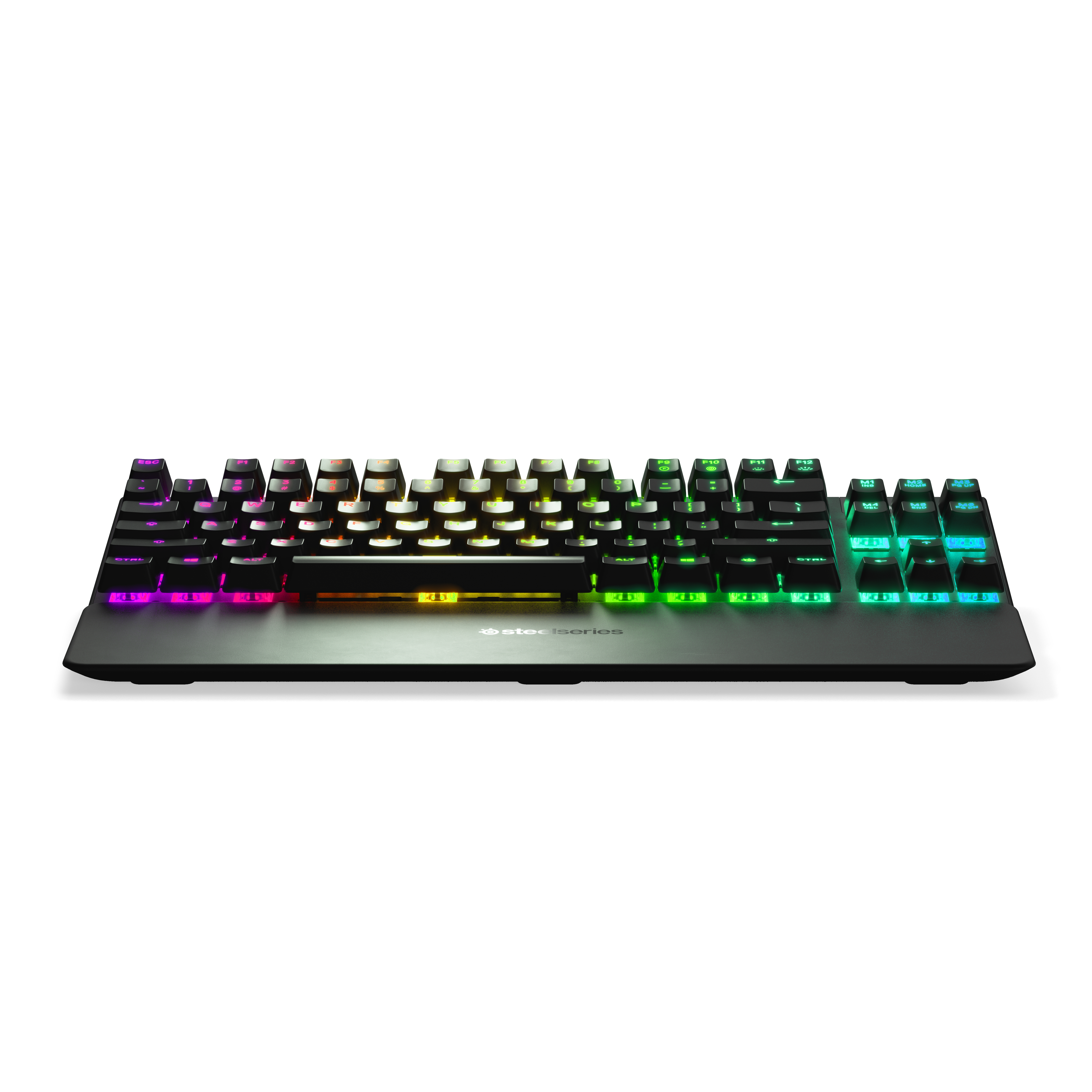 Eine hintergrundbeleuchtete schwarze Tastatur mit farbigen Tasten. Die Tastatur hat einen Nummernblock und einen weißen Hintergrund.