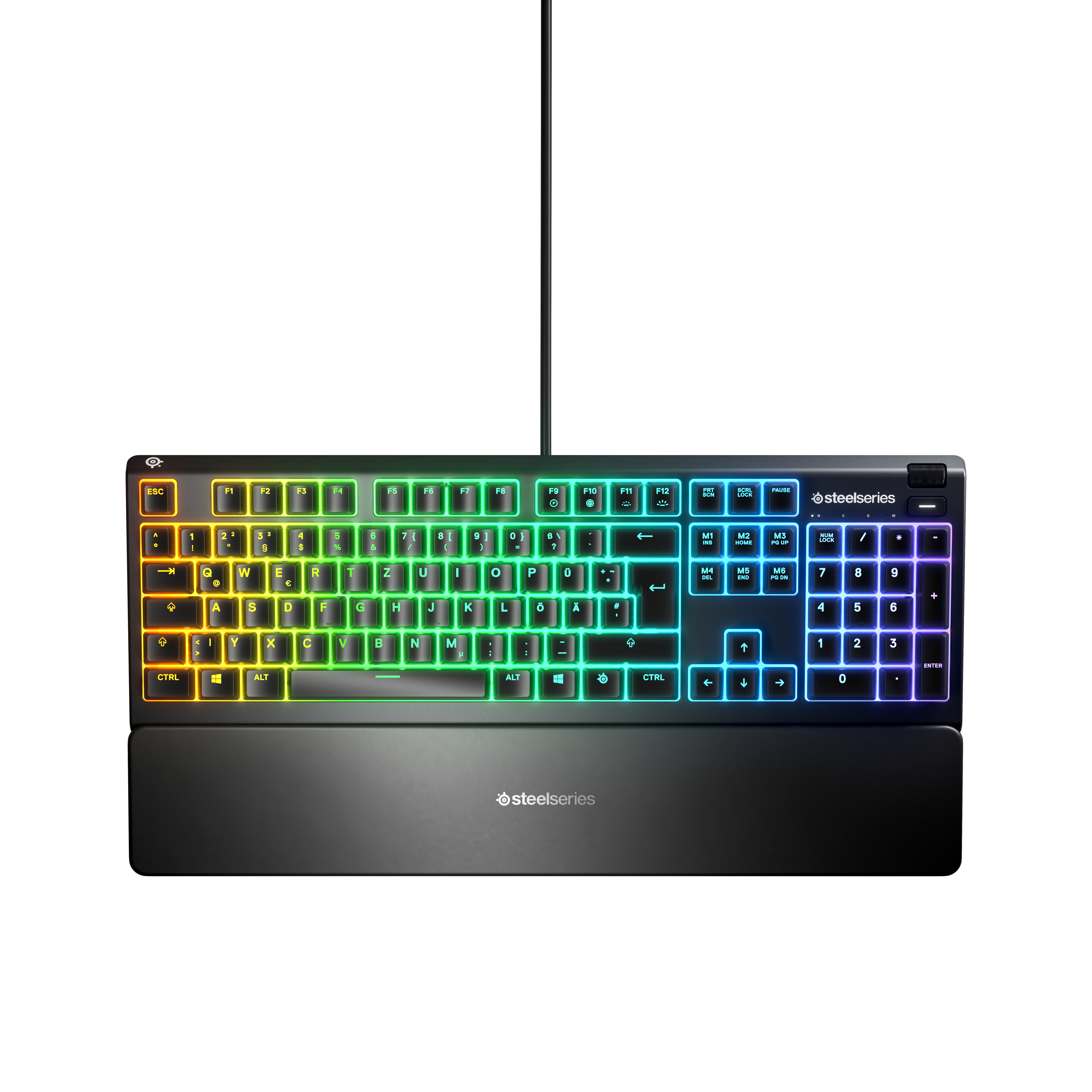 Schwarze Tastatur mit regenbogenfarbenen Tasten und Handballenauflage. SteelSeries-Logo sichtbar.