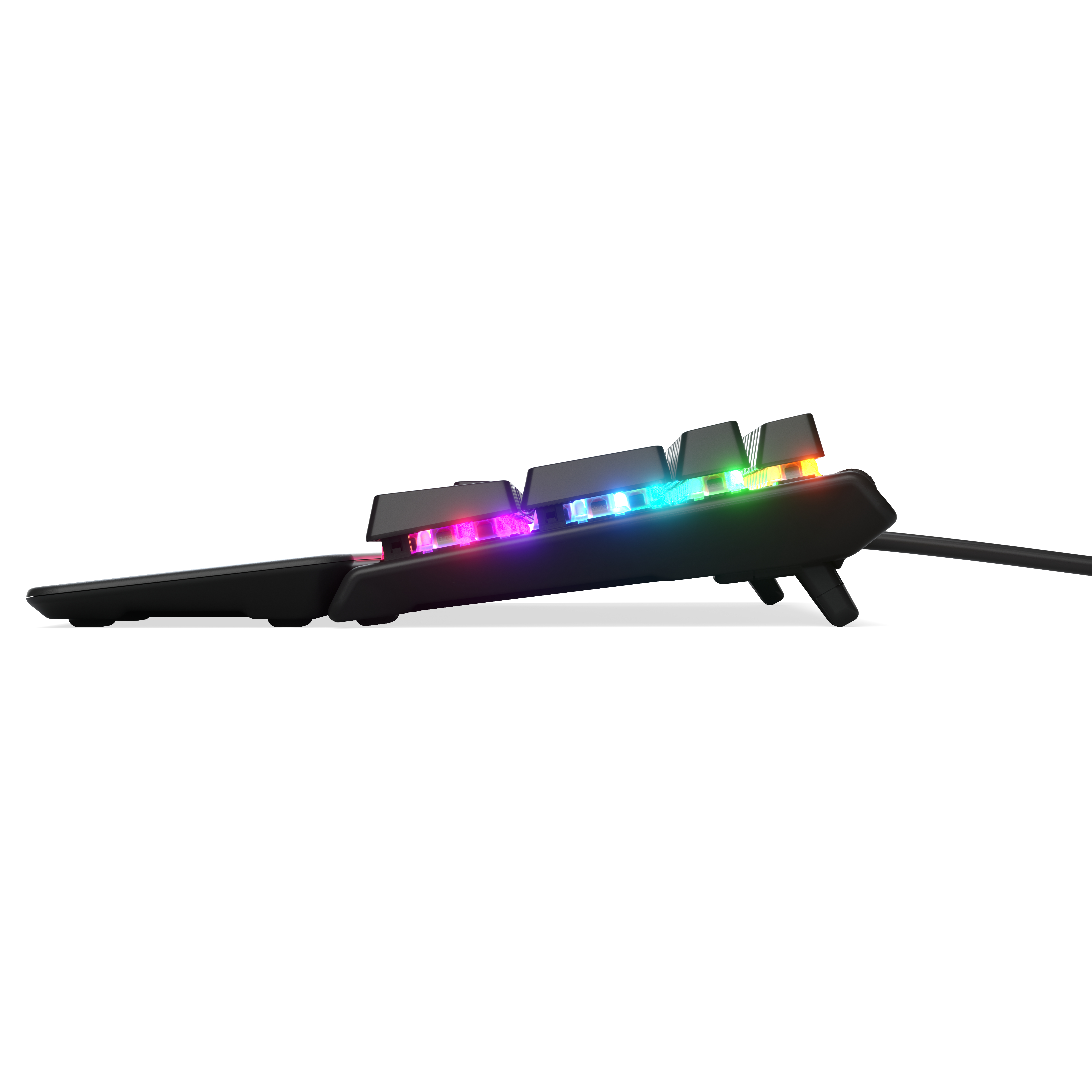 Seitenansicht einer schwarzen Gaming-Tastatur mit RGB-Beleuchtung.