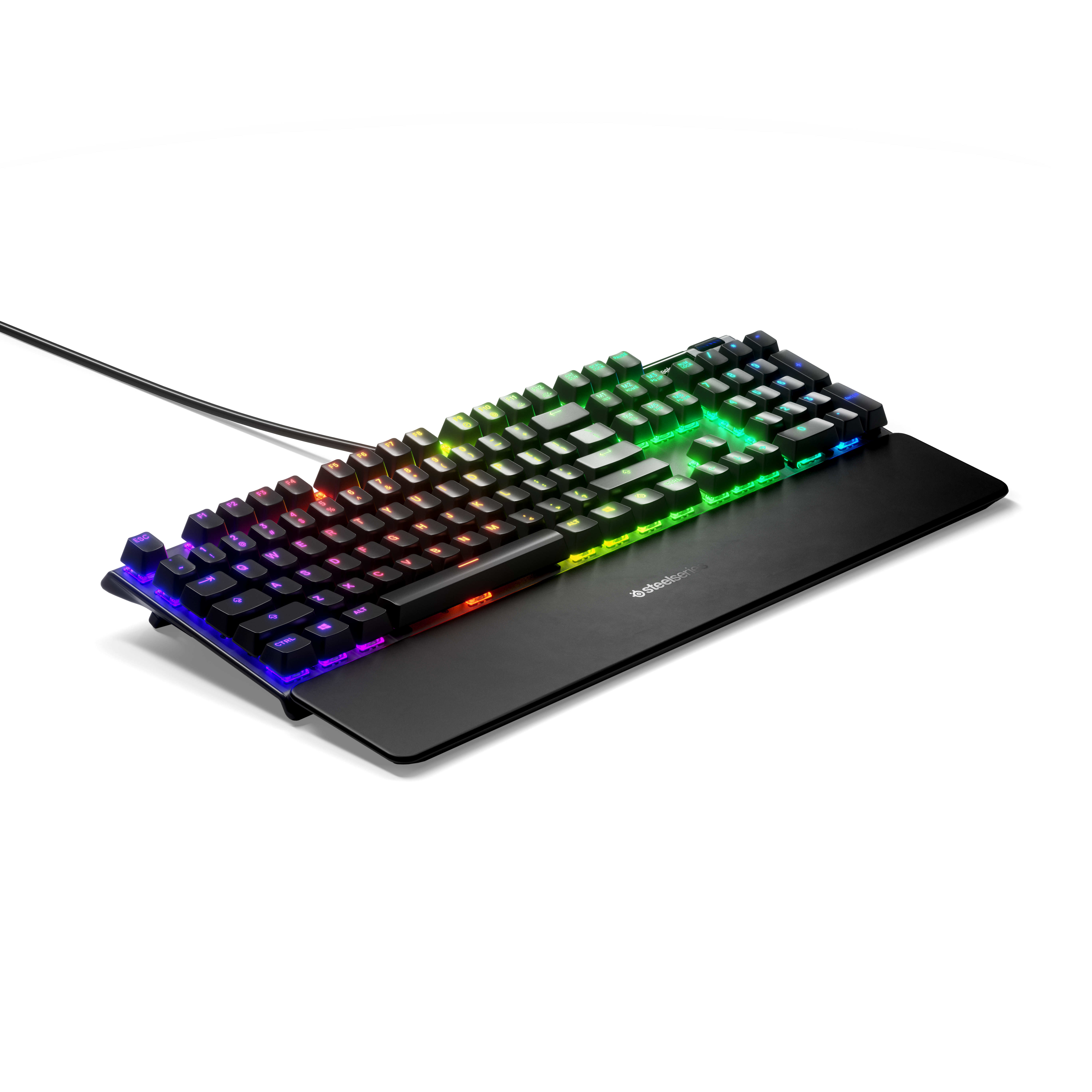 RGB-beleuchtete mechanische Tastatur mit Handballenauflage, Draufsicht.