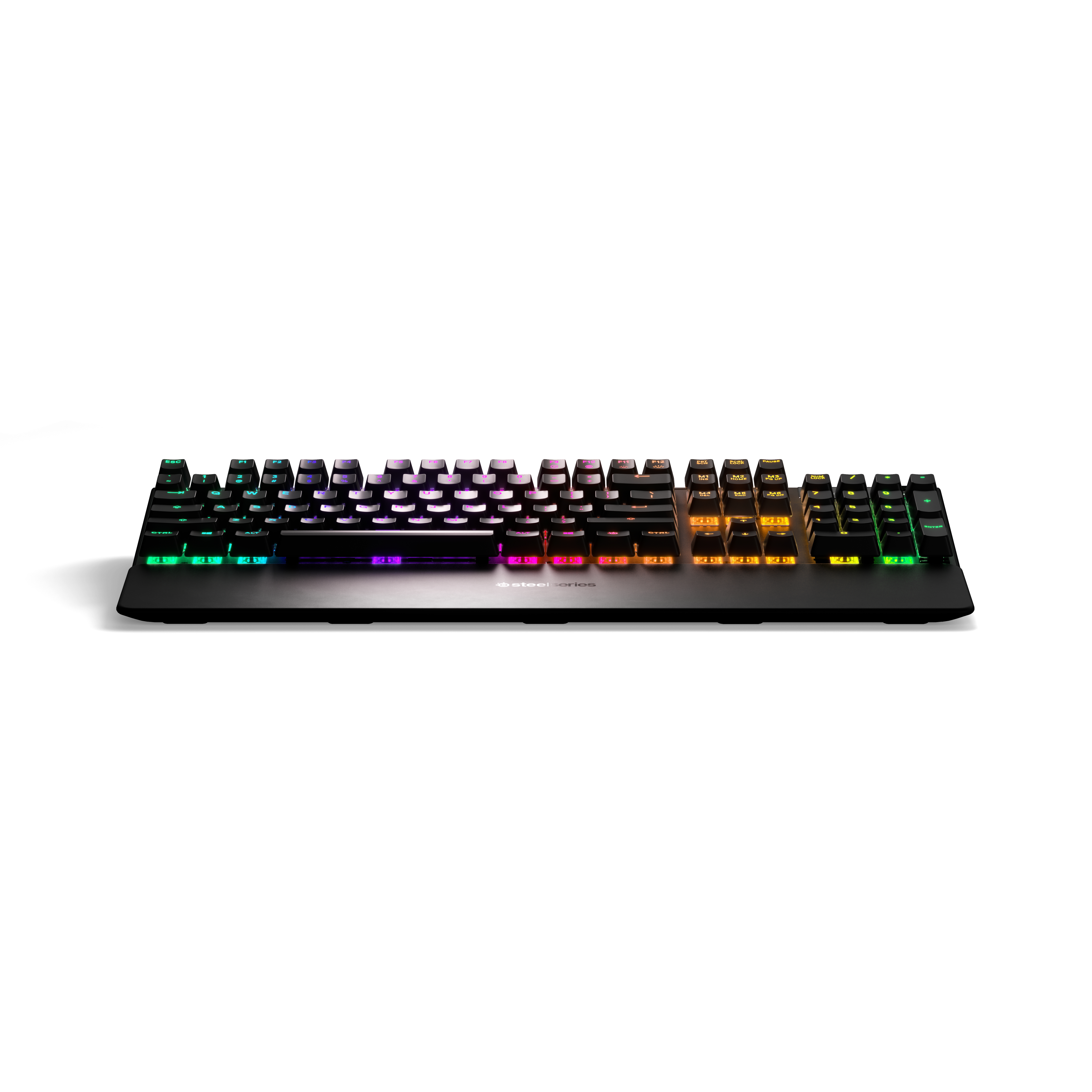 Schwarze Tastatur mit bunten, beleuchteten Tasten. Weißer Hintergrund.