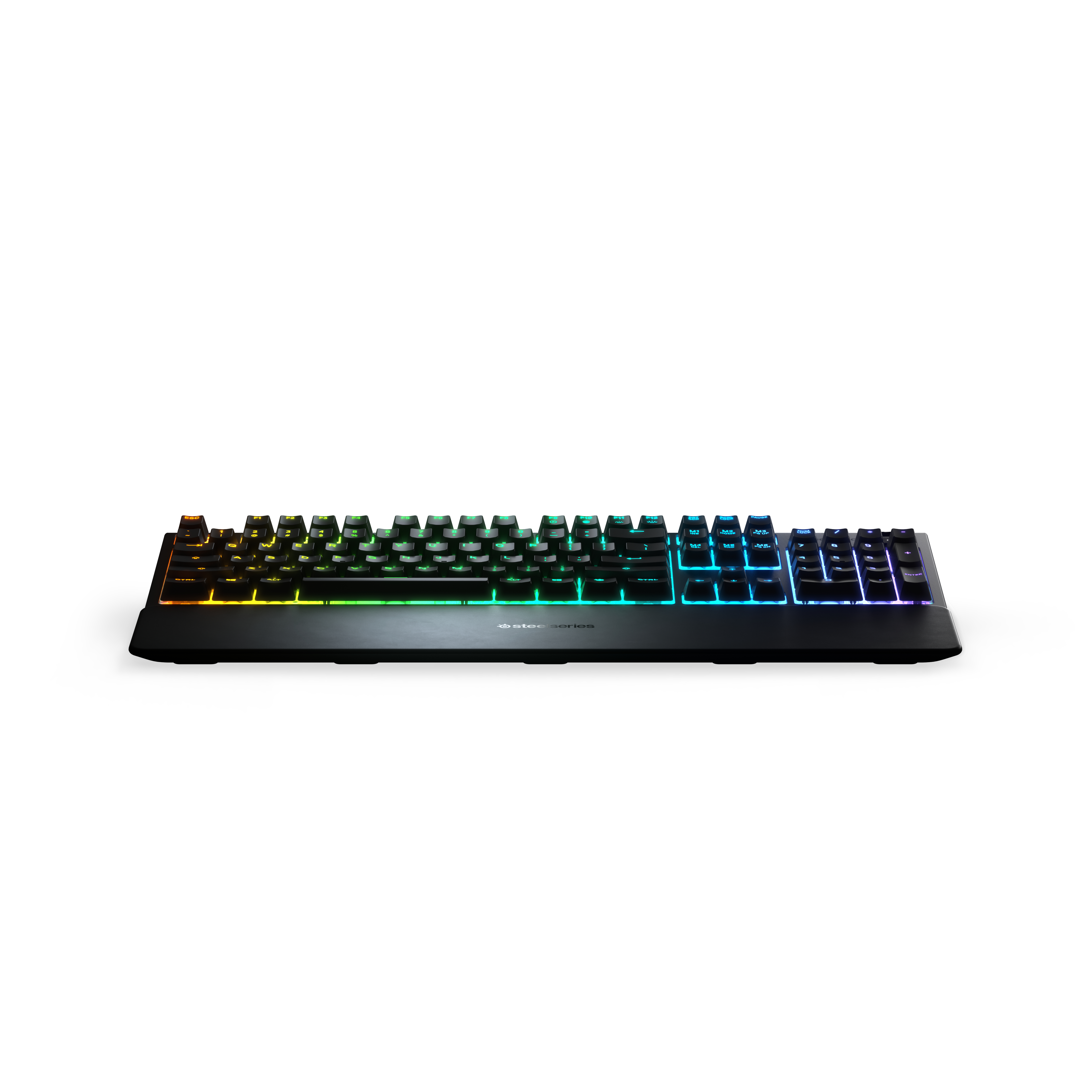 Schwarze Tastatur mit farbigen Tasten. Sie liegt auf weißem Grund. Die Tastatur ist beleuchtet.