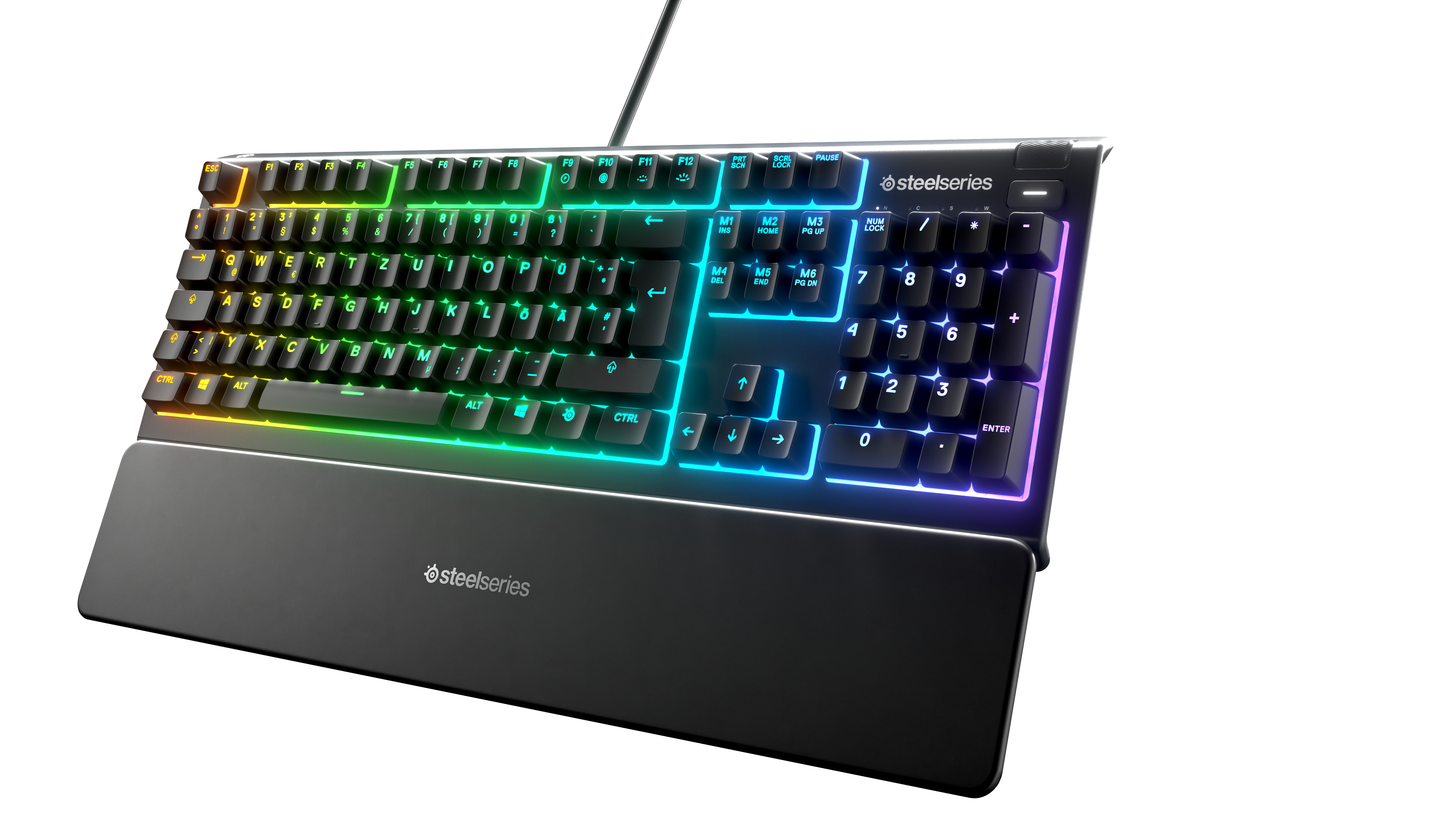 RGB-Gaming-Tastatur mit schwarzem Rahmen, mit Regenbogen-Beleuchtungseffekt auf den Tasten.