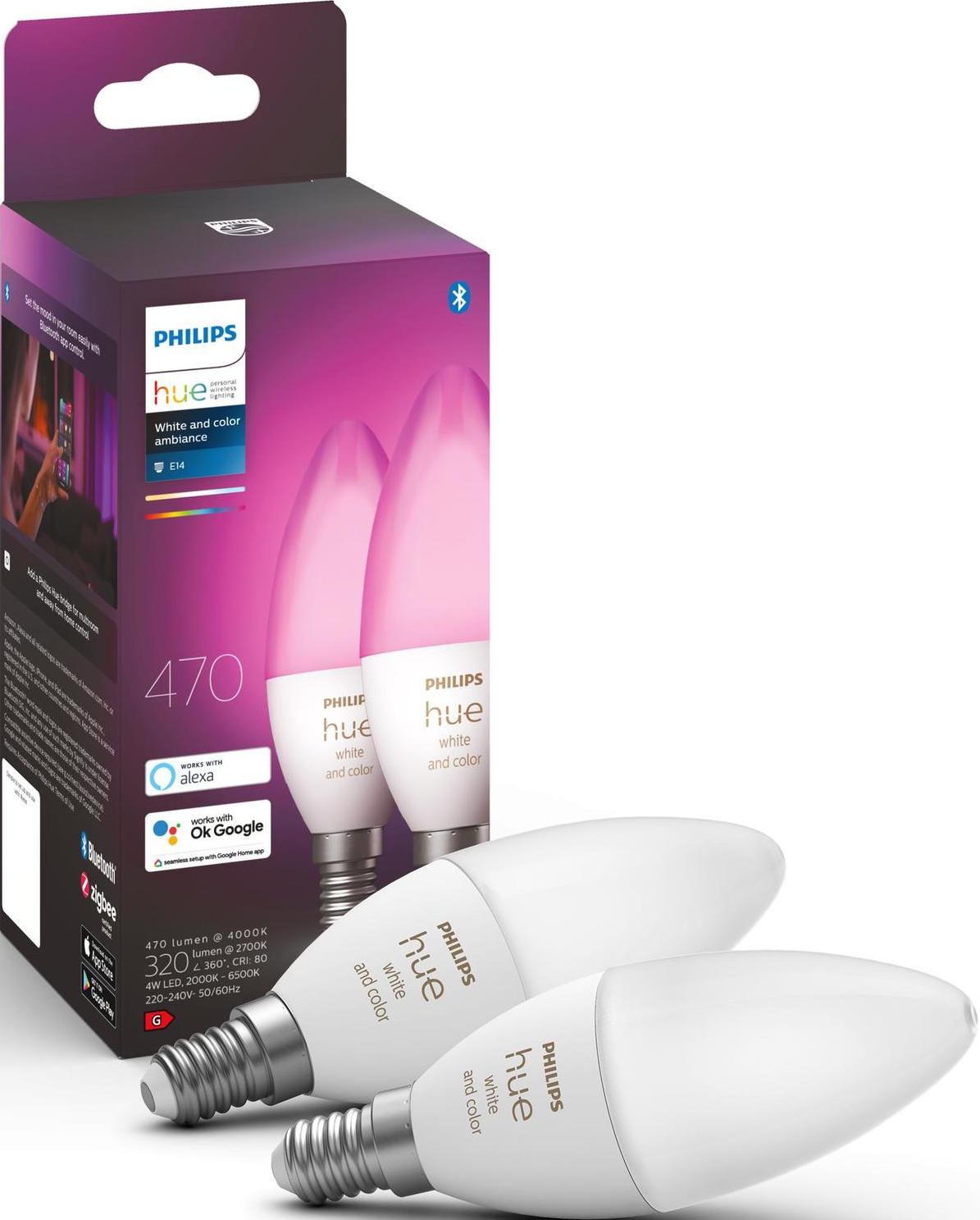 Deux ampoules intelligentes Philips Hue et une boîte, sur fond blanc, teintes roses.