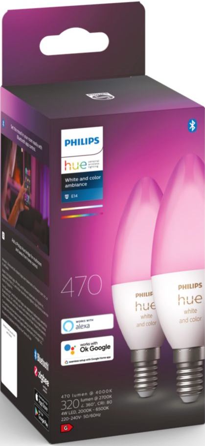Boîte d'ampoules intelligentes Philips Hue. Deux ampoules teintées de rose visibles.