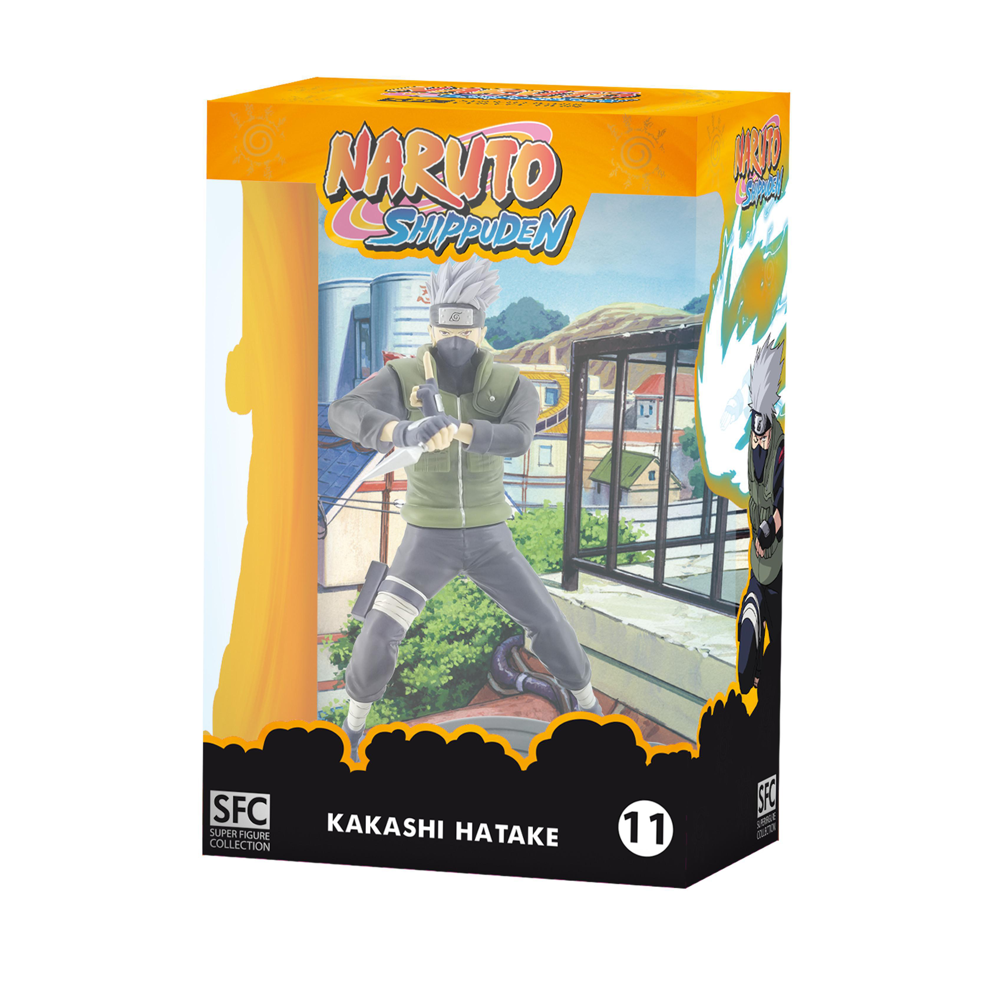 Naruto Shippuden Kakashi Hatake Figur in einer Box, mit Illustrationen auf der Verpackung.