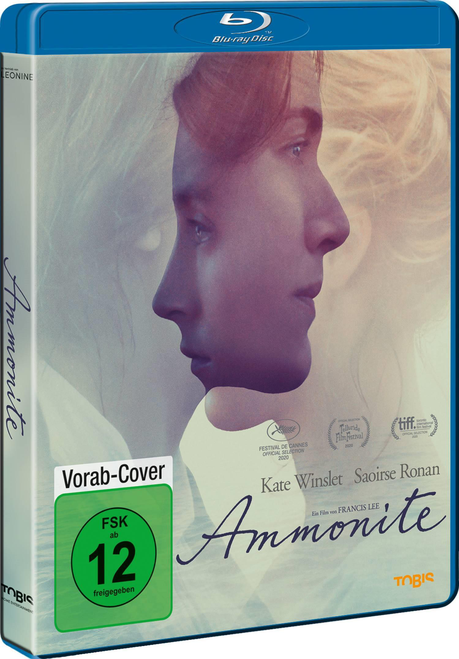 Blue-ray-Filmcover von "Ammonite". Zeigt zwei Frauengesichter, Filmtitel und Bewertung.