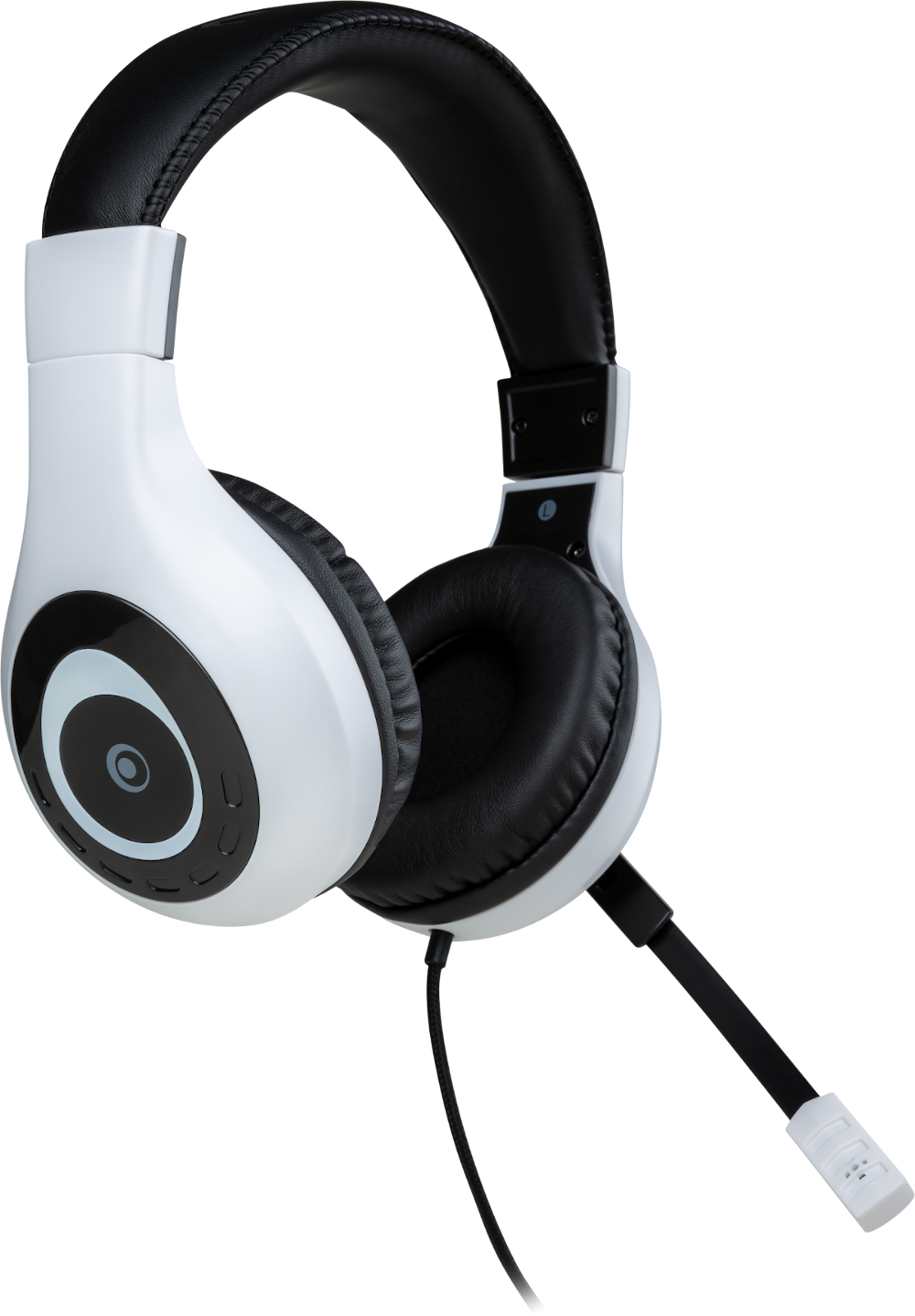 Fehér és fekete gaming headset mikrofonnal.