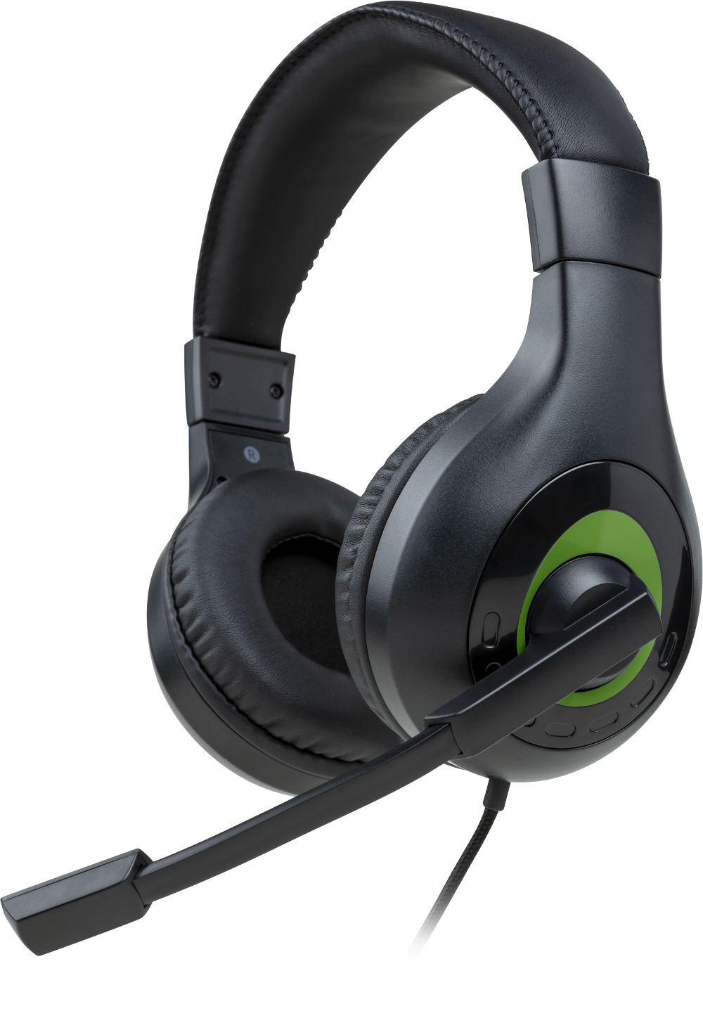 Fekete gamer headset zöld elemekkel. Mikrofonnal rendelkezik, és fekete háttéren van.