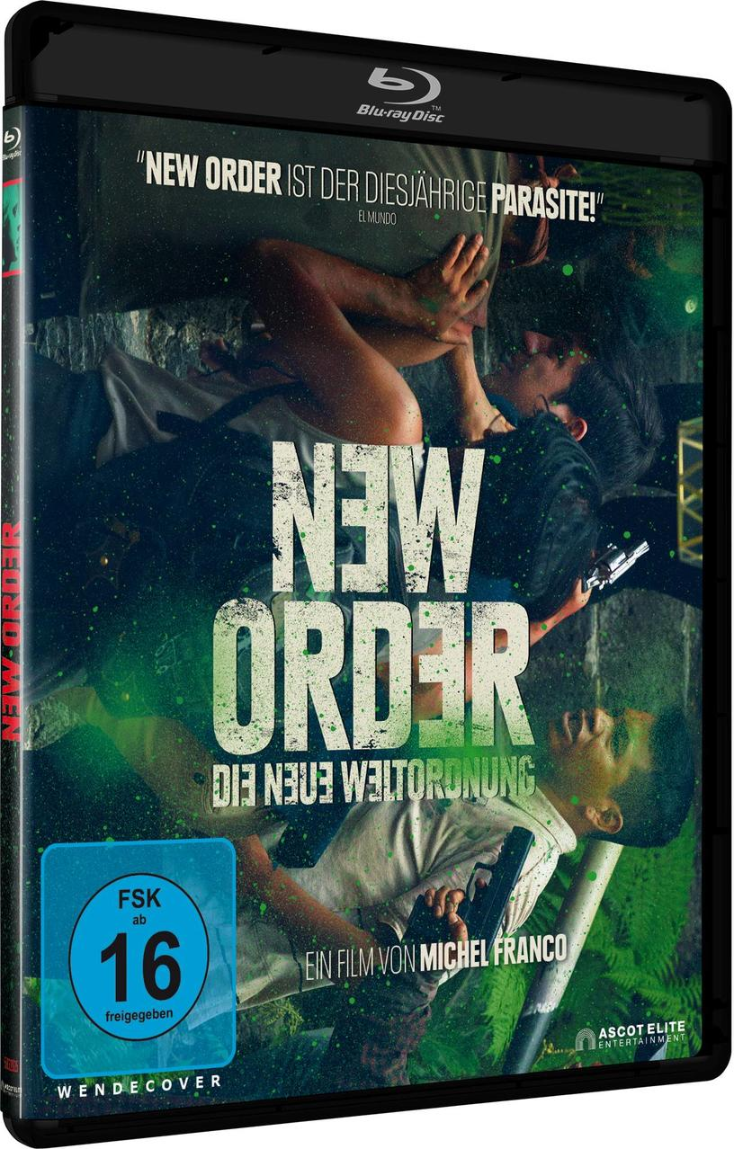New Order DVD-Cover mit Schauspielern und dem Titel auf dunklem Hintergrund.