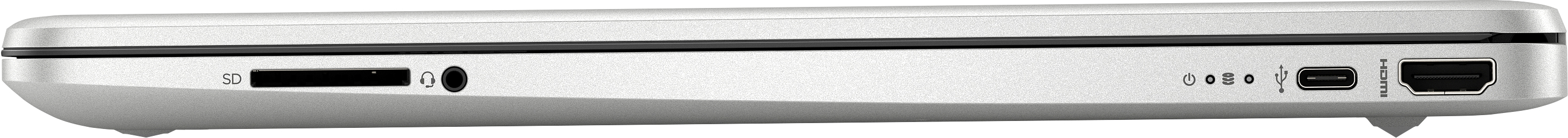 Vista lateral de un portátil. Puertos que incluyen SD, USB y HDMI.