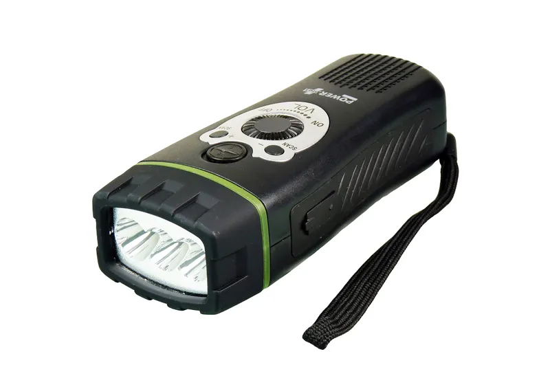 Schwarze Taschenlampe mit grünen Akzenten, mehreren LED-Leuchten und einer Handschlaufe.