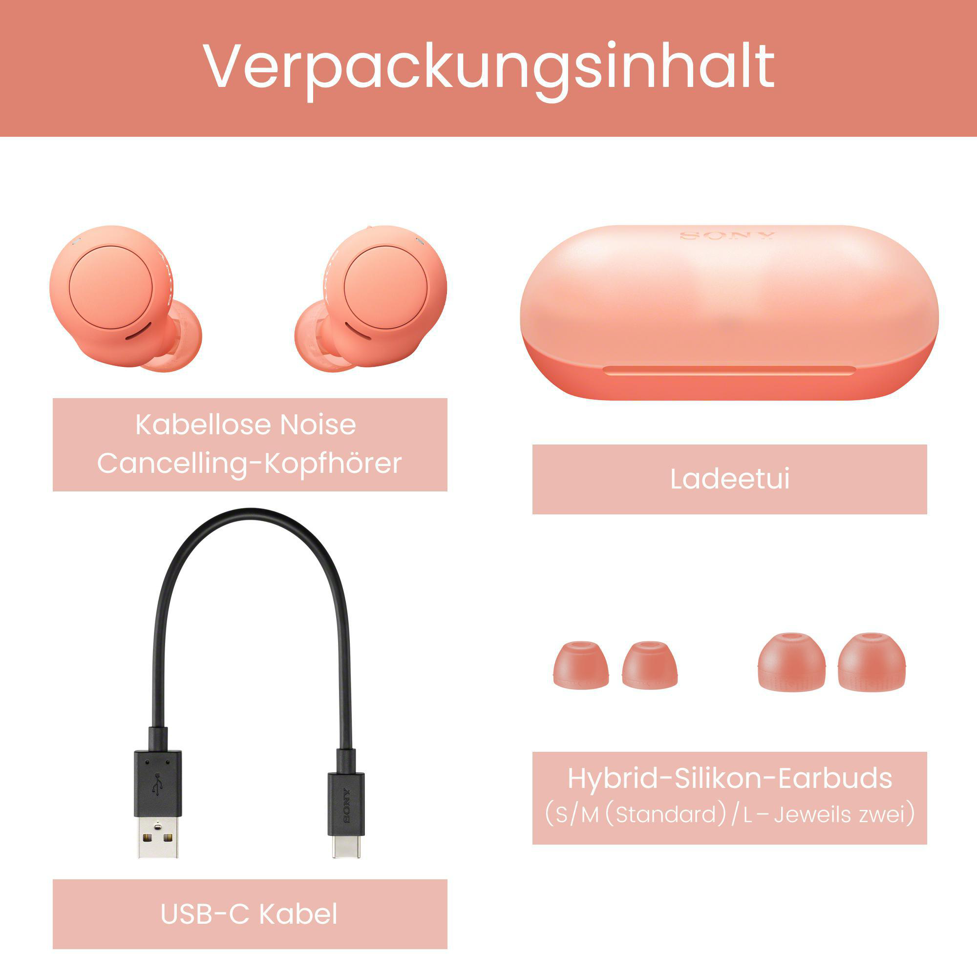 Produktaufnahme von pfirsichfarbenen Ohrhörern, Ladecase, USB-Kabel und Silikon-Ohrstöpseln, alles vor weißem Hintergrund.