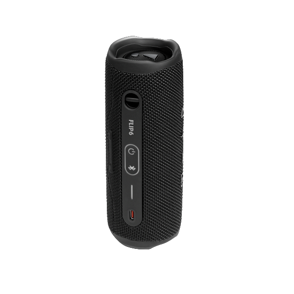 Schwarzer tragbarer Lautsprecher, zylindrische Form, mit Tasten für Strom, Bluetooth und Lautstärke.