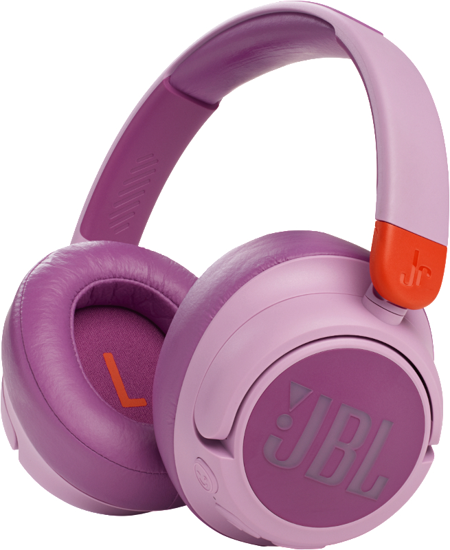 Lila und pinkfarbene JBL-Kopfhörer. Ohrmuscheln sind lila mit JBL-Logo. Das Kopfband ist pink.