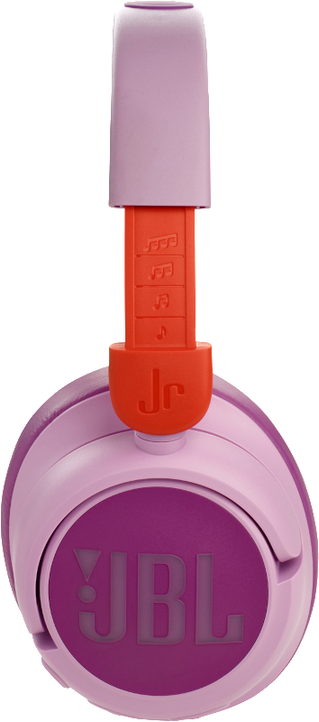 Pink-lila JBL Jr. Kopfhörer. Das Kopfband ist orange und die Ohrmuscheln sind mit JBL beschriftet.