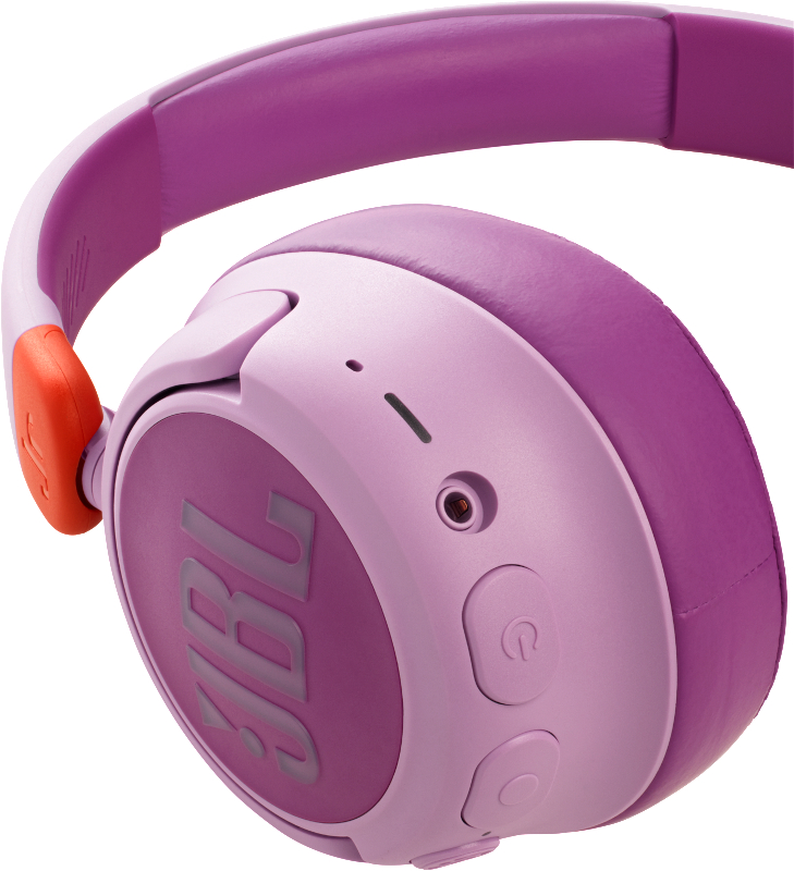 Lila JBL-Kopfhörer mit orangefarbenen Akzenten, die Ohrmuscheln und Kopfbügel zeigen.