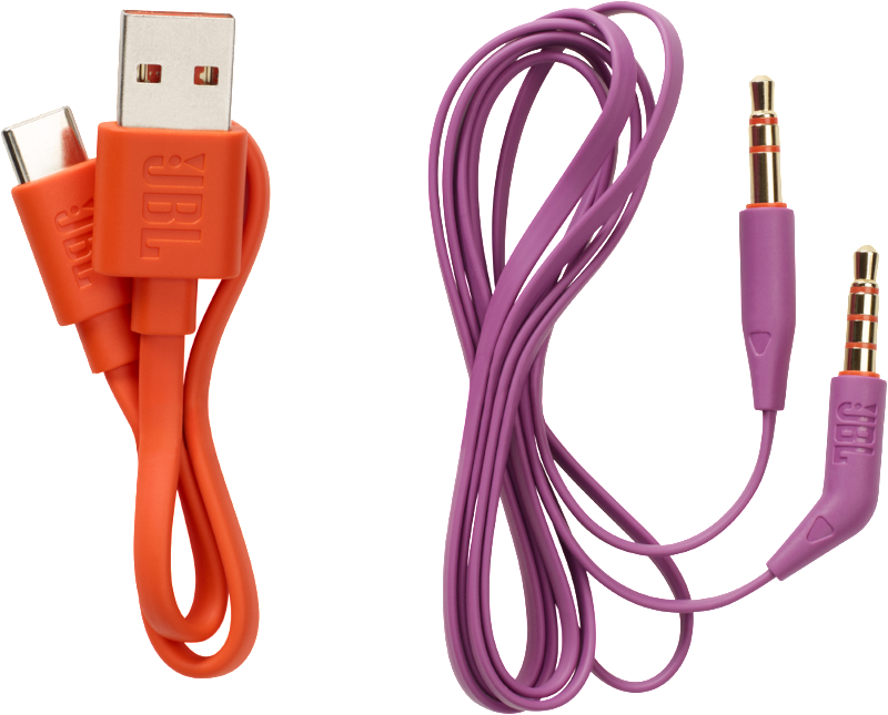 Orange und lila JBL-Kabel für Kopfhörer und USB. Sie sind auf weißem Hintergrund.