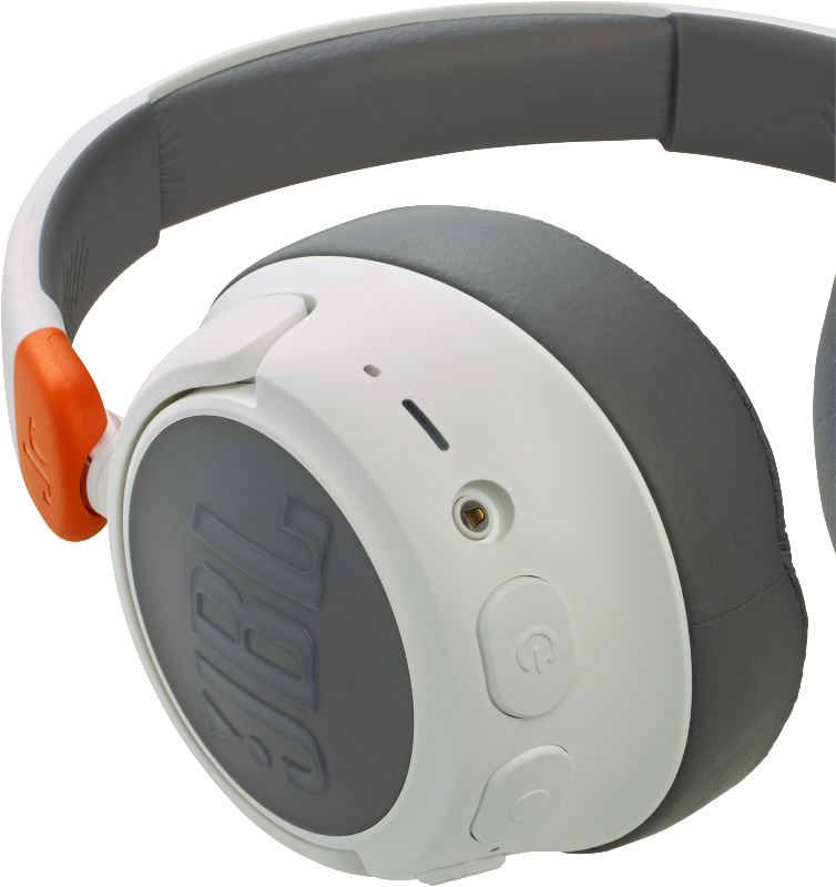 Weiße und graue JBL-Kopfhörer mit orangefarbenen Akzenten. Der Ohrmuschel hat ein graues Polster und ein JBL-Logo. Ein-Aus-Taste an der Seite.