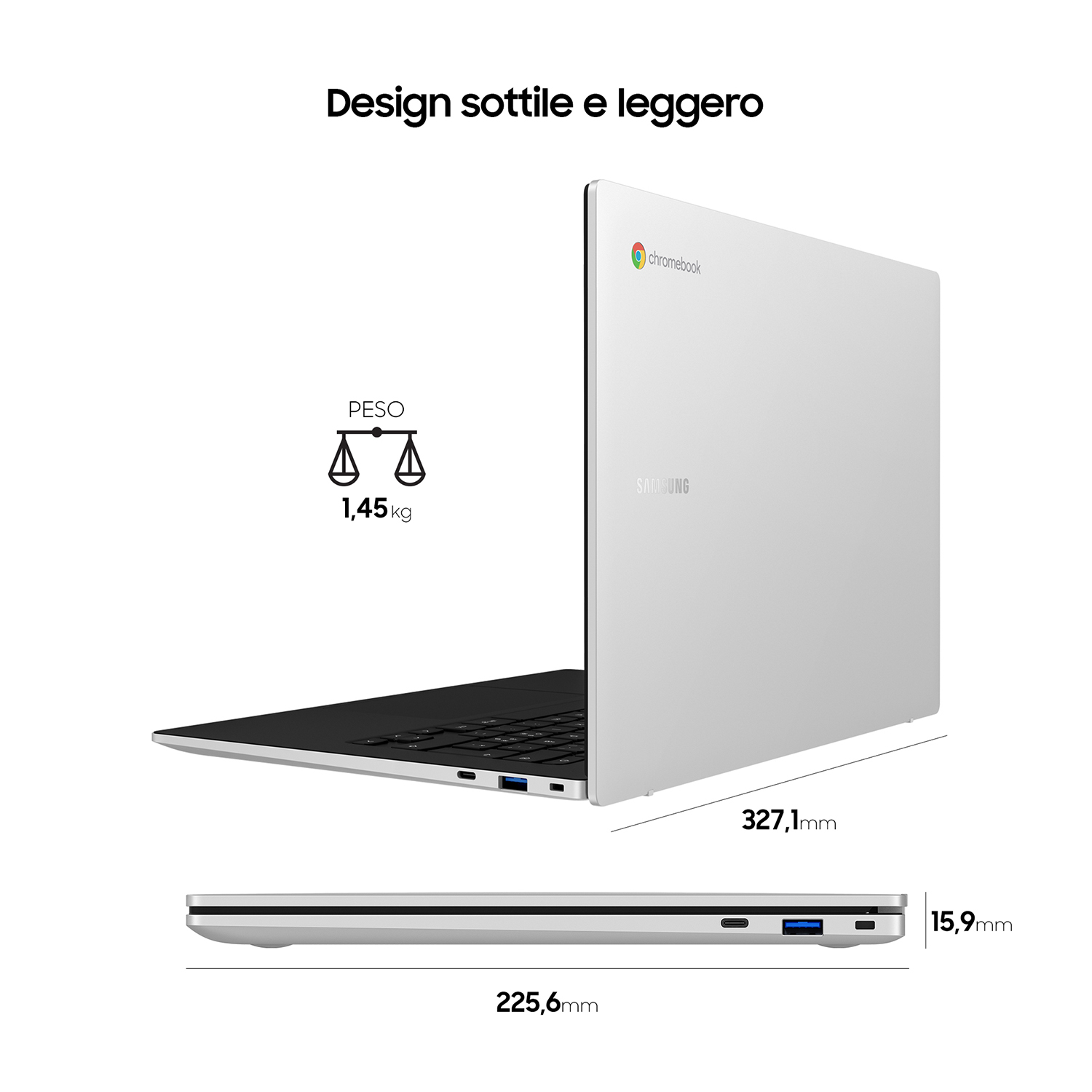 Laptop Chromebook bianco con dimensioni e dettagli sul peso su sfondo bianco.