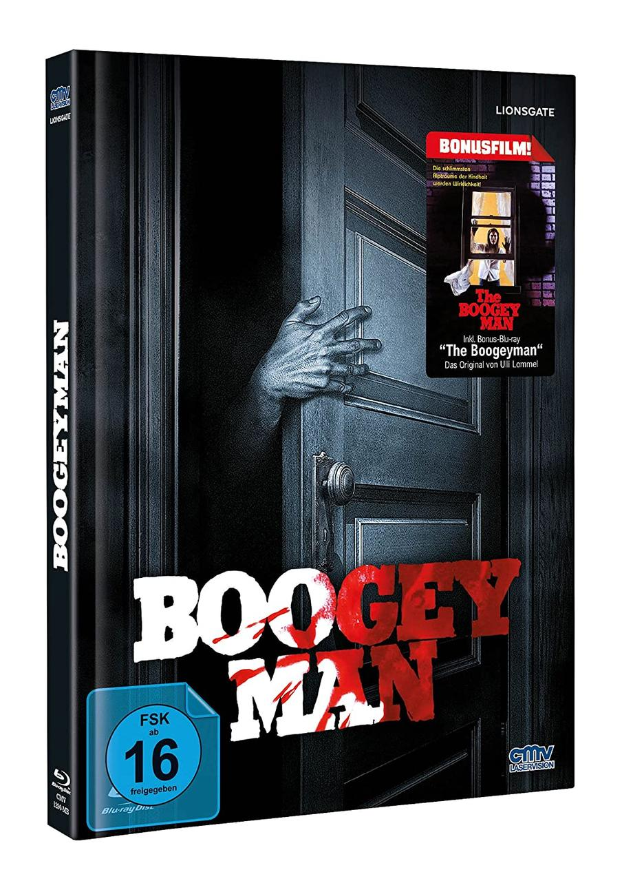 Filmcover für "The Boogeyman". Eine Hand greift aus einer Tür. Der Titel ist rot. Bonus Blu-ray Aufkleber.