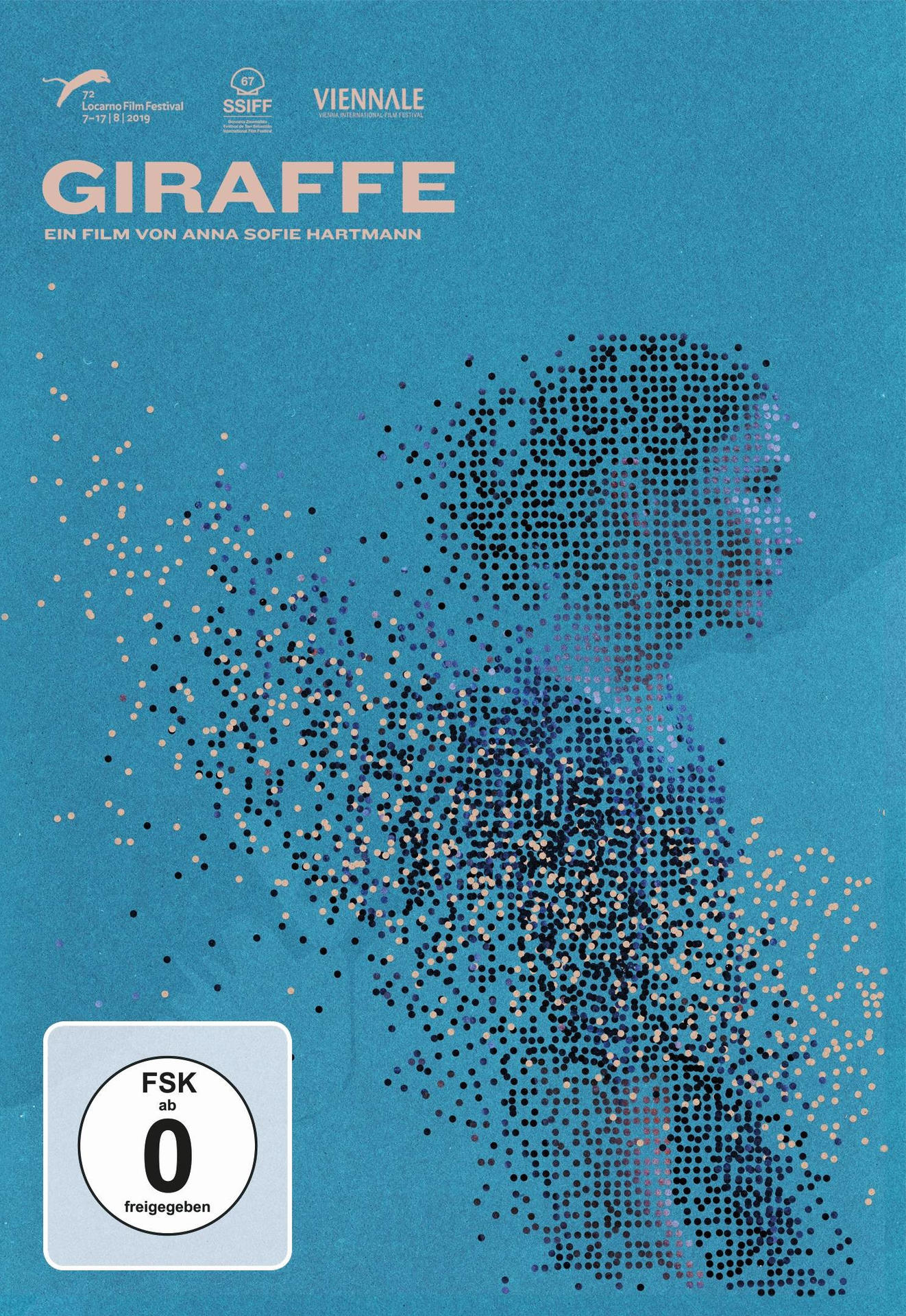 Giraffe-Filmplakat. Blauer Hintergrund, Bild aus Punkten.