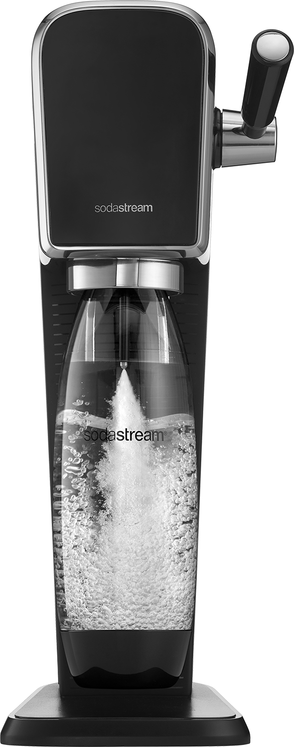 Zwarte SodaStream-machine met een doorzichtige fles, die het carbonatieproces laat zien.