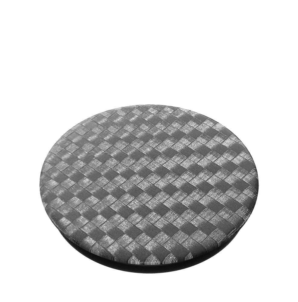 Ein grauer, kreisförmiger Popsocket mit einem gewebten Muster. Das Muster ist ein sich wiederholendes quadratisches Muster.