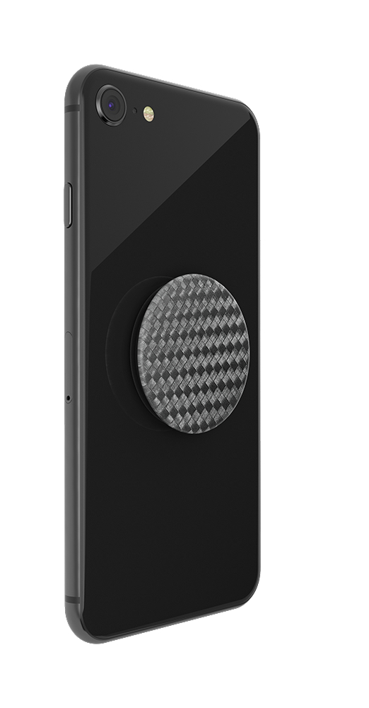 Schwarzes Smartphone mit einem Popsocket mit Karbonfasermuster befestigt.