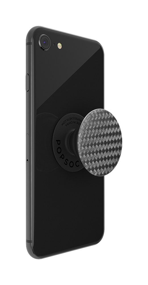 Schwarzes Smartphone mit einem Popsocket. Popsocket ist schwarz mit Karbonfasermuster.