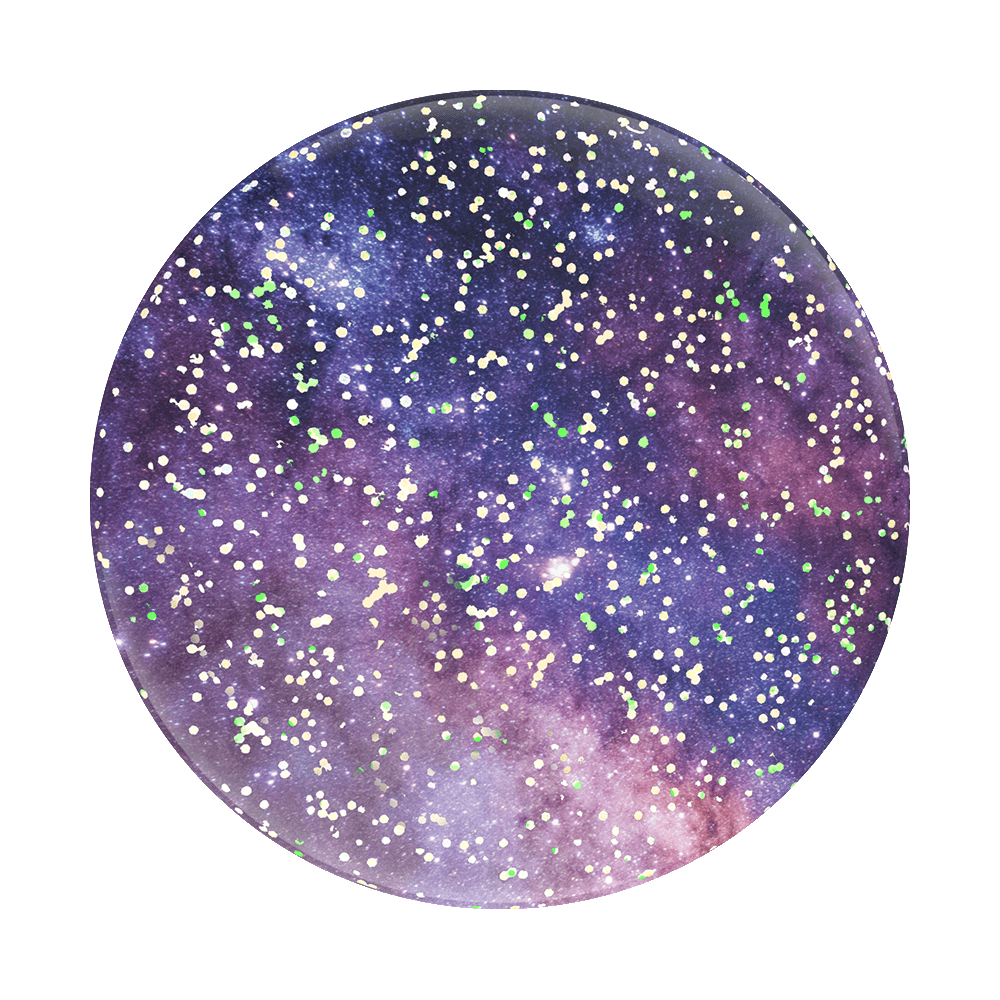 Runder PopSocket im Galaxy-Stil. Dunkelviolett und blau mit Glitzer und hellgrünen Punkten.