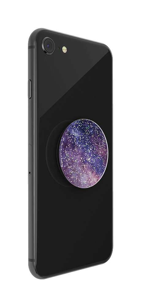 Schwarzes Telefon mit Galaxy PopSocket. Das Telefon befindet sich auf weißem Hintergrund.