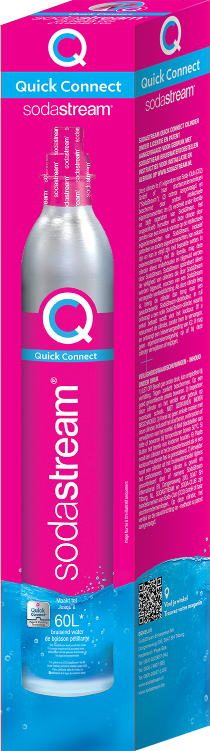 Roze en witte Sodastream Quick Connect fles met verpakking. De verpakking heeft een roze en wit ontwerp.