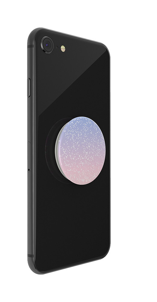 Schwarzes Smartphone mit PopSocket auf der Rückseite, Farbverlauf pink zu blau.