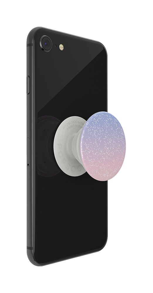 Schwarzes Smartphone mit einem PopSocket mit Farbverlauf. PopSocket ist weiß mit rosa, blauem und weißem gepunktetem Design. Weißer Hintergrund.