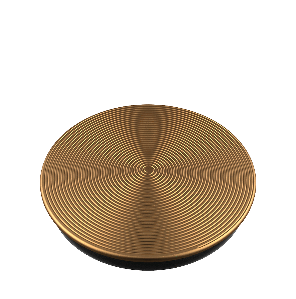 Ein goldfarbenes, kreisförmiges, gemustertes Objekt auf weißem Hintergrund. Es hat einen schwarzen Sockel.