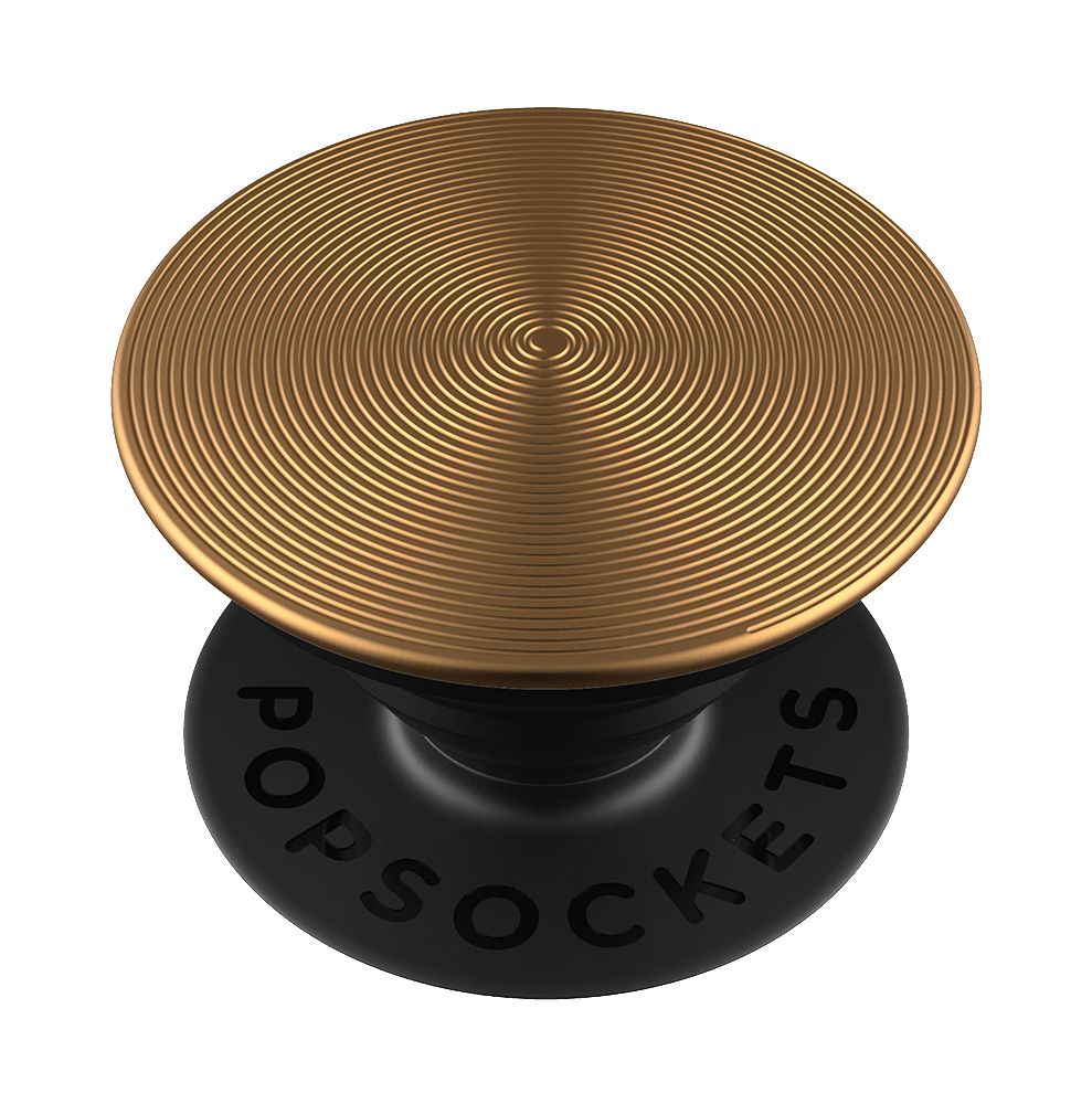 Goldfarbener PopSockets-Griff mit Spiralmuster auf schwarzem Sockel, weißer Hintergrund.