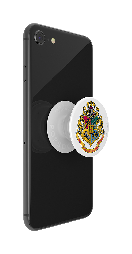 Telefon mit PopSocket. PopSocket hat das Hogwarts-Wappen. Weißer Hintergrund.