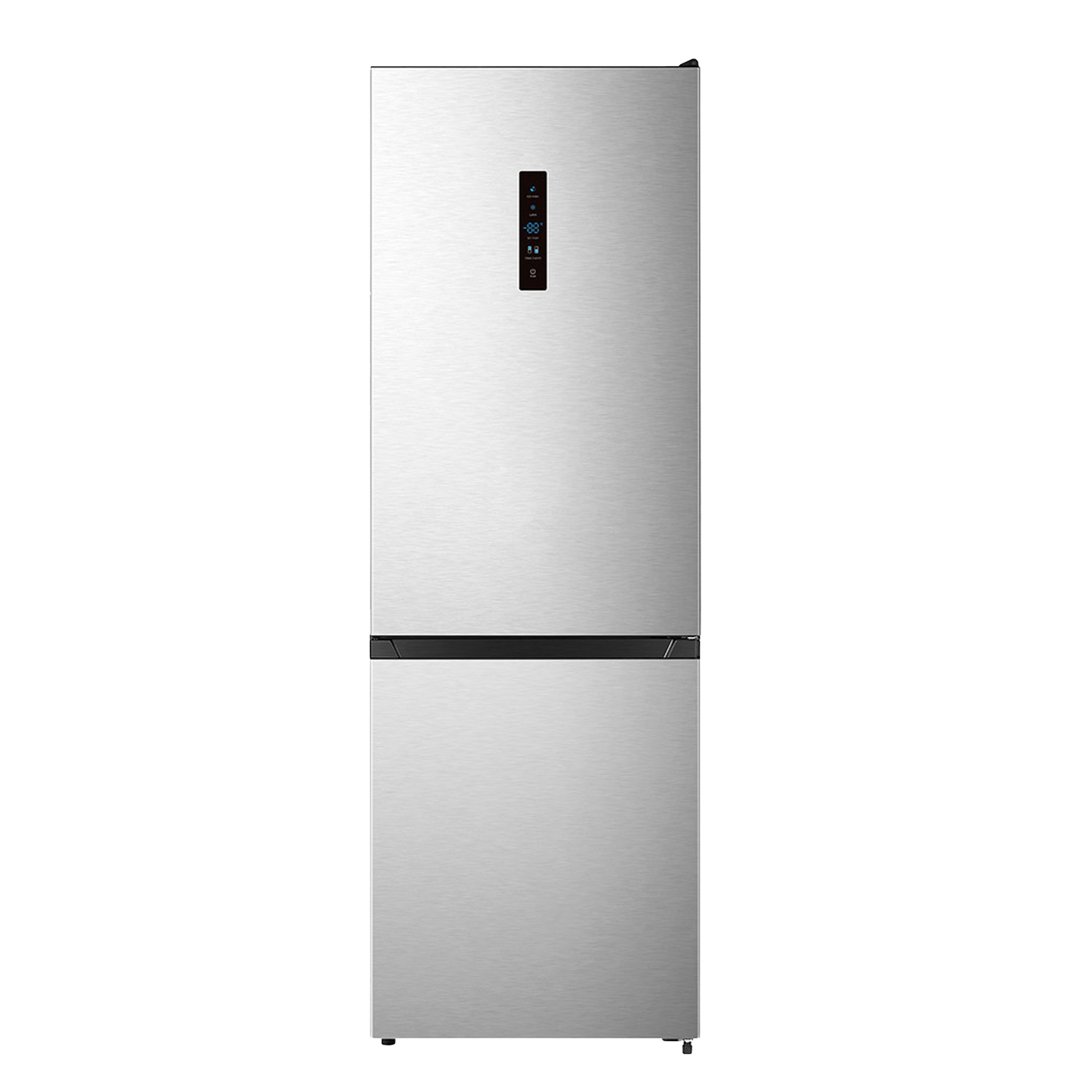 Un refrigerador de acero inoxidable de dos puertas sobre fondo negro.