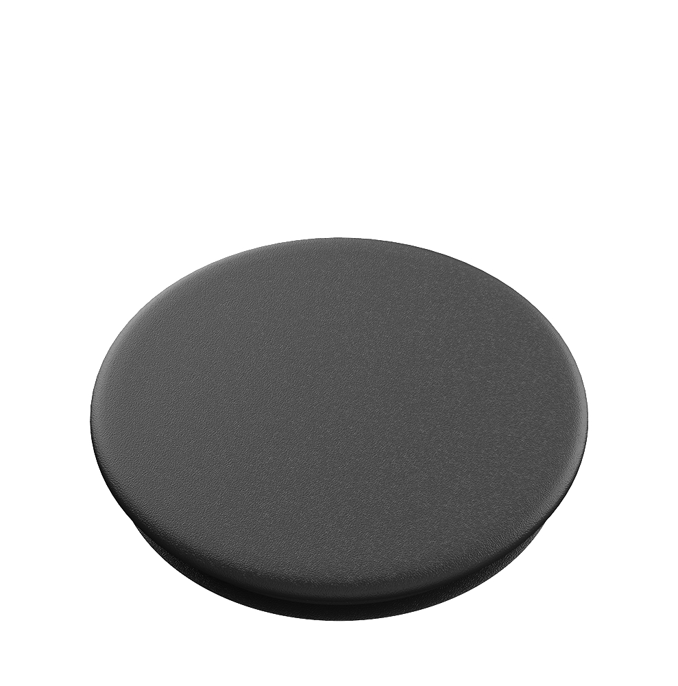 Ein schwarzer runder Popsocket auf weißem Hintergrund.