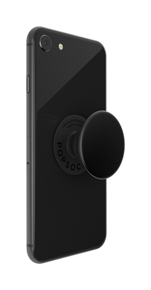 Schwarzes iPhone mit einem schwarzen PopSocket. Markenname sichtbar.