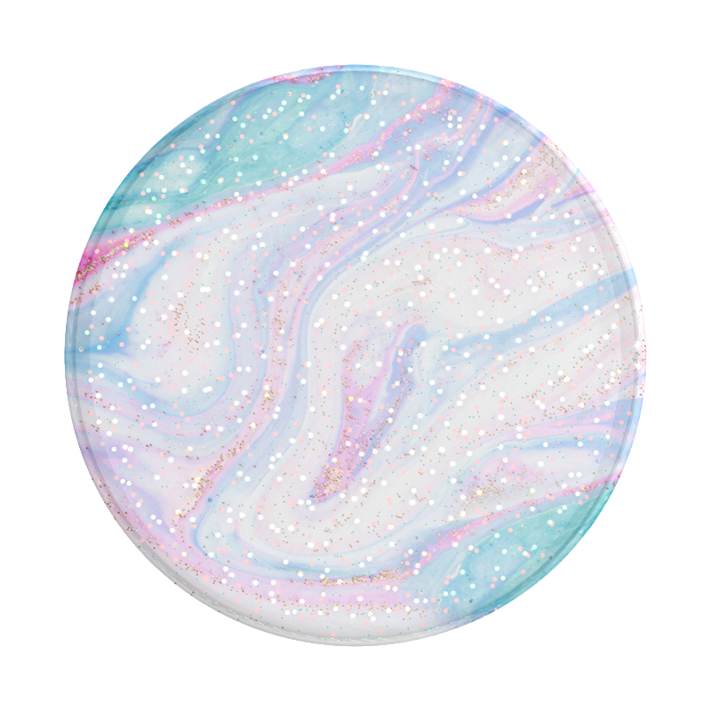 Runder PopSocket mit wirbelndem, buntem Muster in Blau, Rosa und Weiß mit Glitzer.