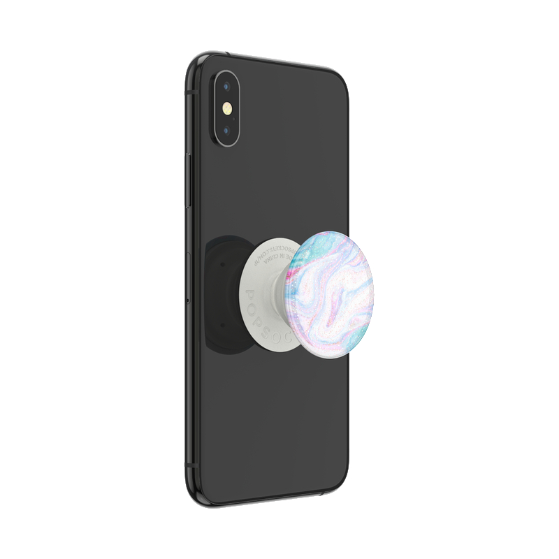 Schwarzes Telefon mit PopSockets-Griff. Griff hat Wirbel-Design.
