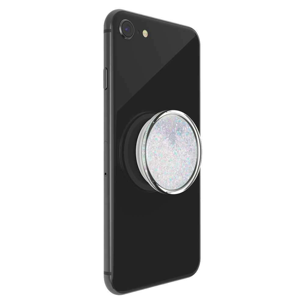 Ein schwarzes Smartphone mit einem Popsocket, der ein glitzerndes Muster zeigt.