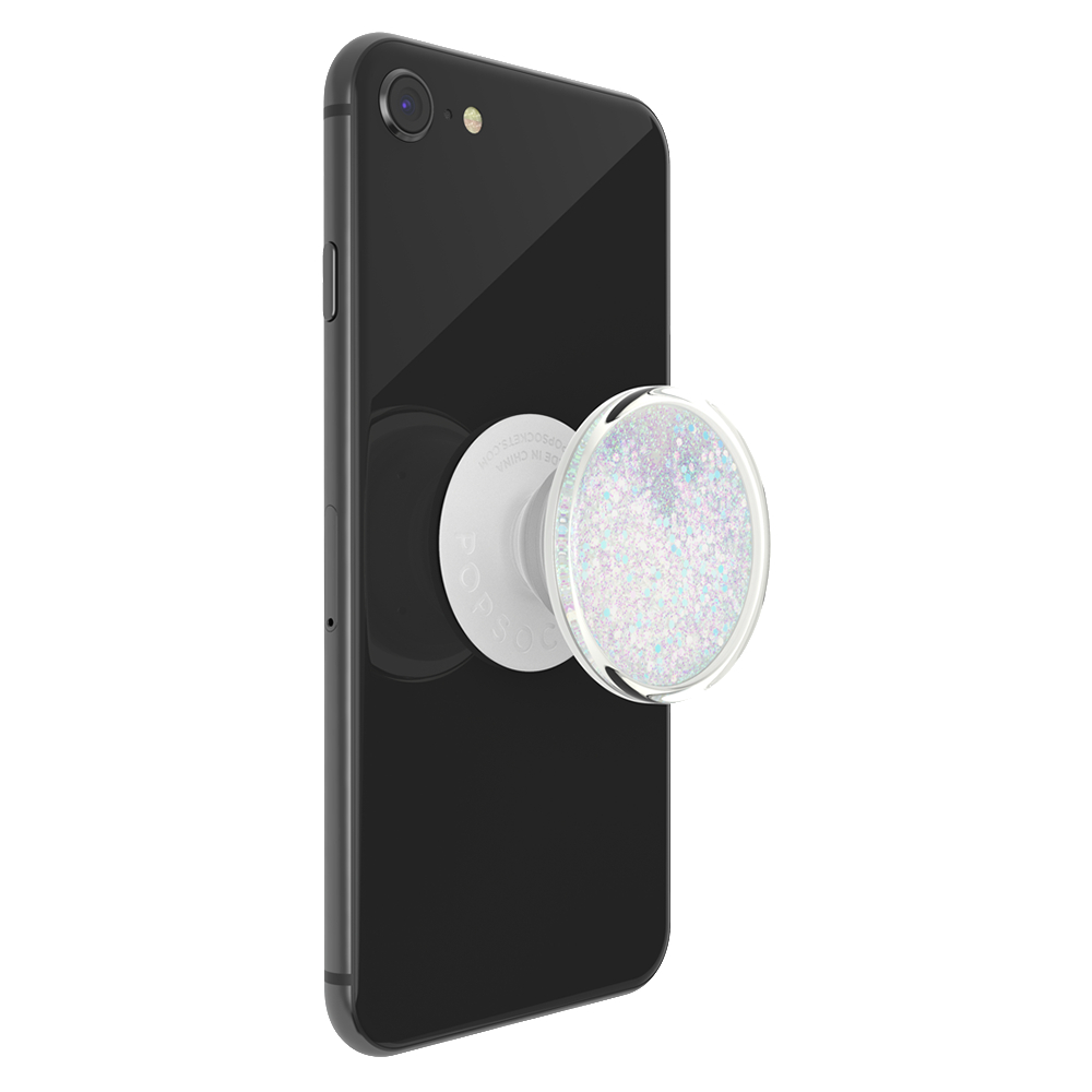 Ein schwarzes Smartphone mit einem weißen PopSocket-Glitzerhalter, weißer Hintergrund.