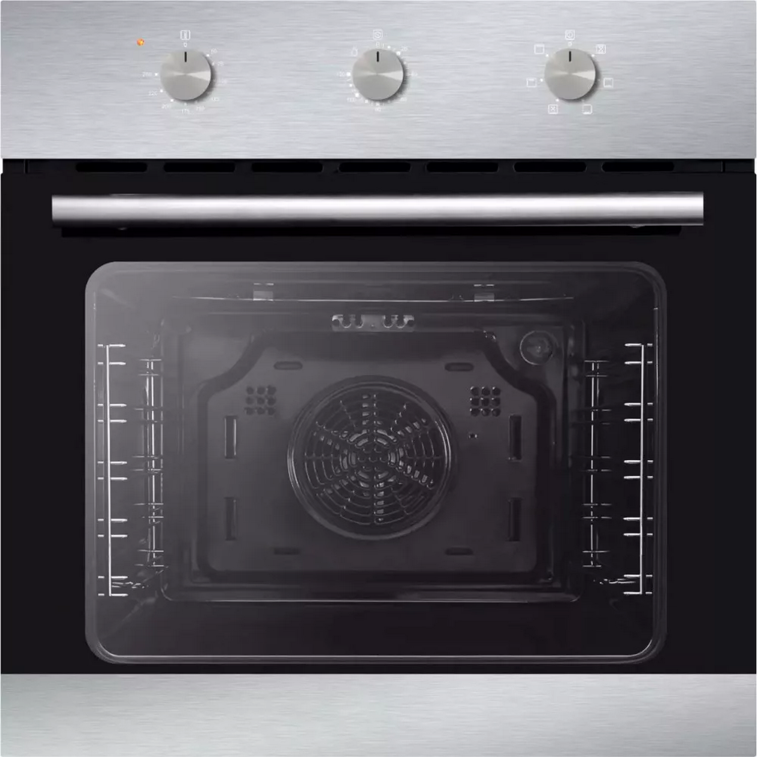 Un interior de horno con la puerta abierta. Las perillas están en la parte superior y el interior tiene un ventilador.