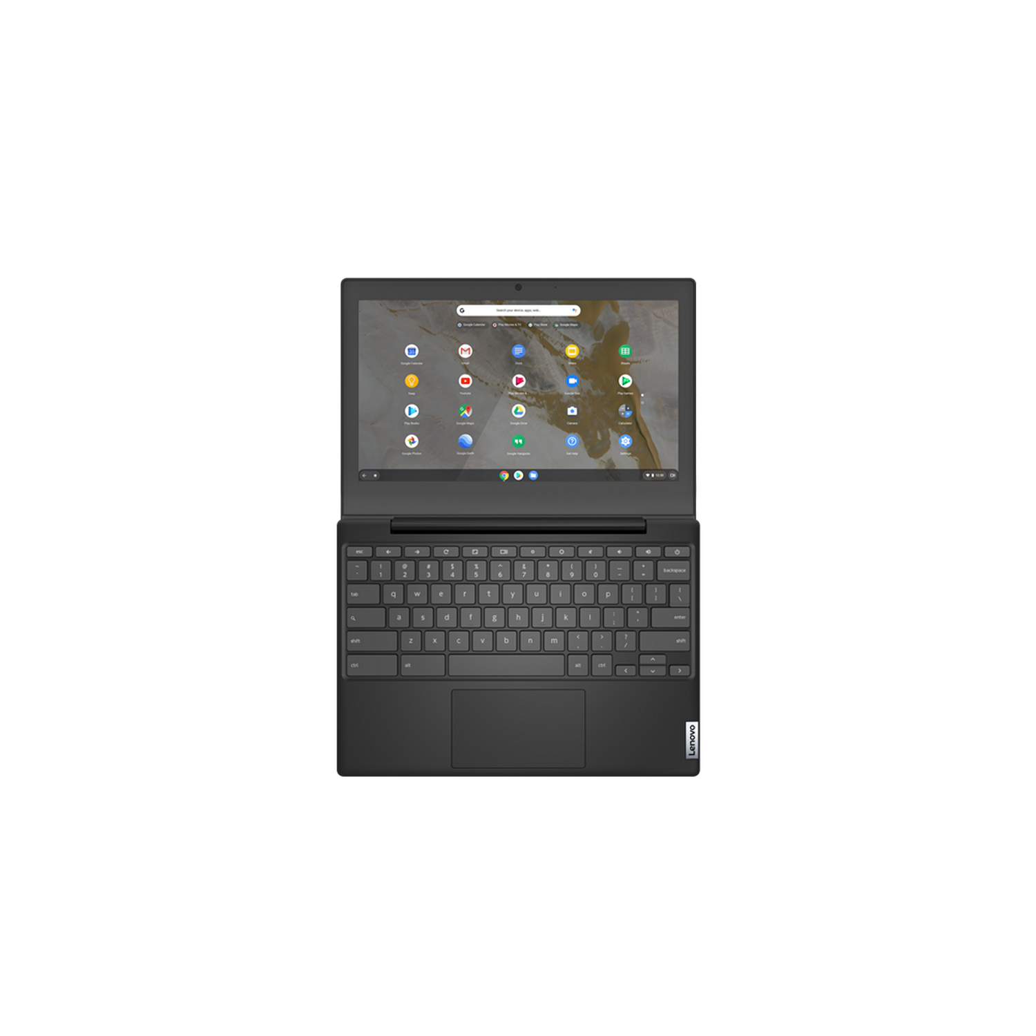 Portátil Lenovo Chromebook negro abierto sobre una superficie negra, pantalla.